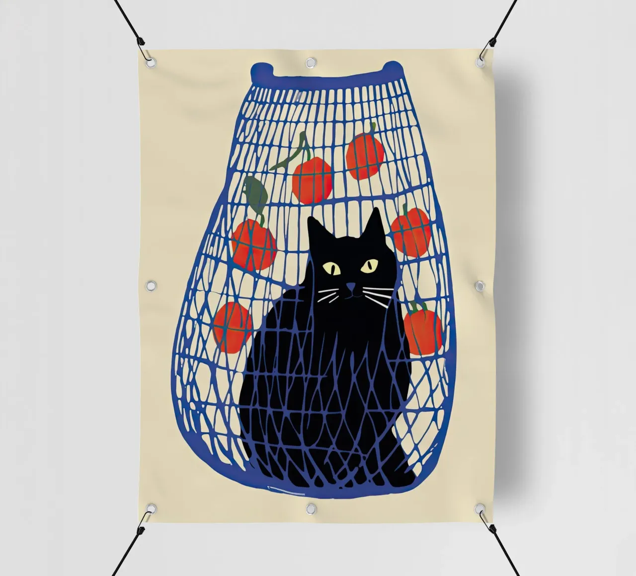 Gatto nero in un sacchetto blu con arance telo in pvc da Peaches Art Prints