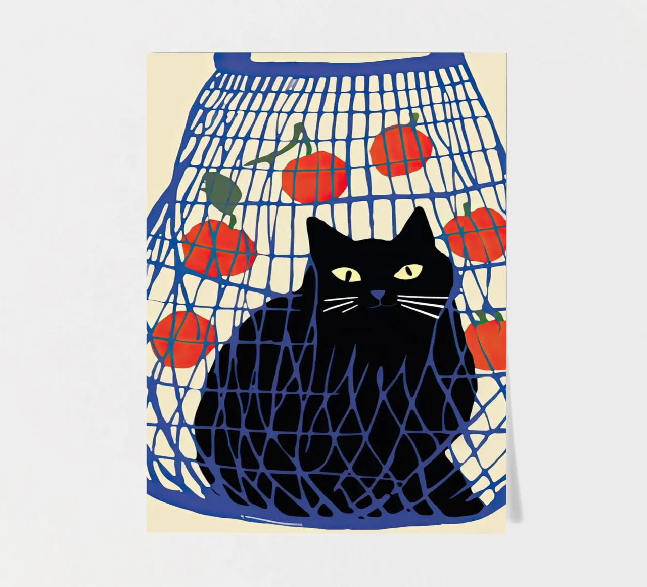 Gatto nero in un sacchetto blu con arance foglio adesivo da Peaches Art Prints