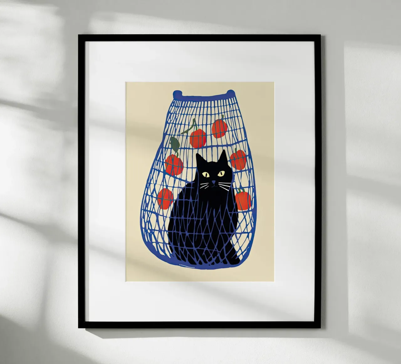 Gatto nero in un sacchetto blu con arance poster da Peaches Art Prints