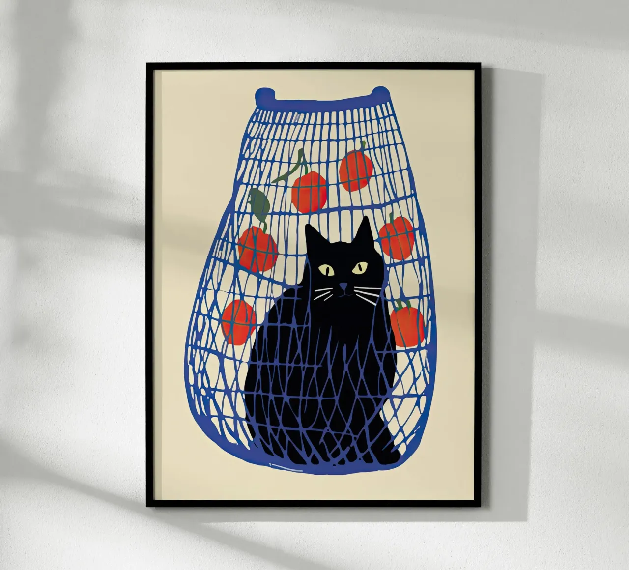 Gatto nero in un sacchetto blu con arance poster da Peaches Art Prints