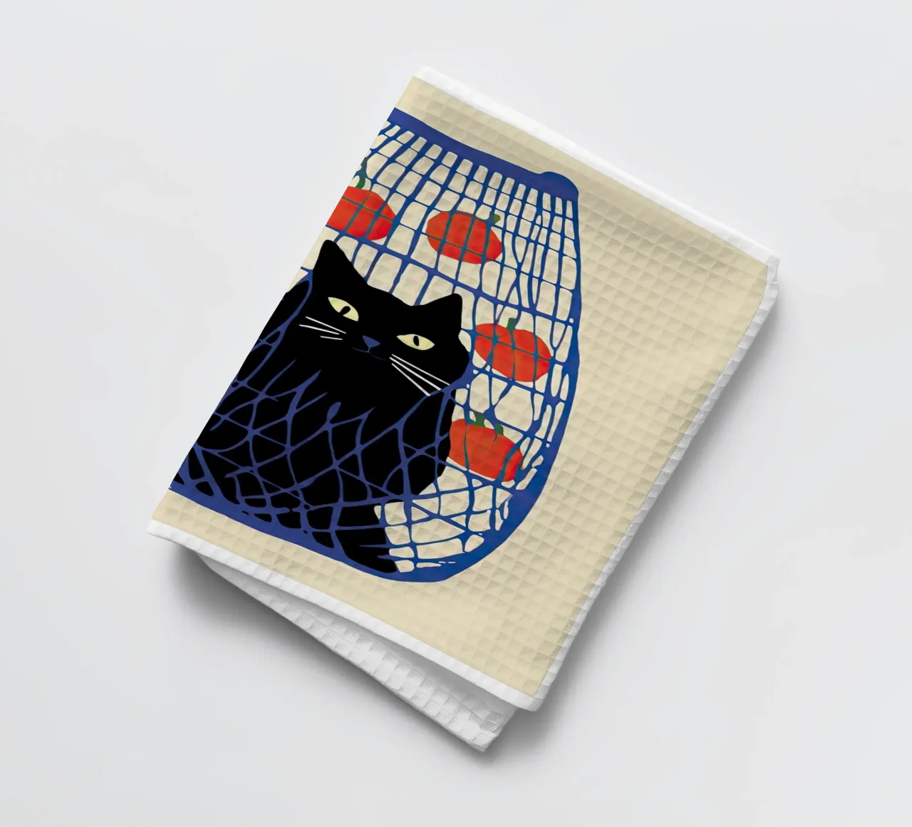 Gatto nero in un sacchetto blu con arance canovaccio da cucina da Peaches Art Prints