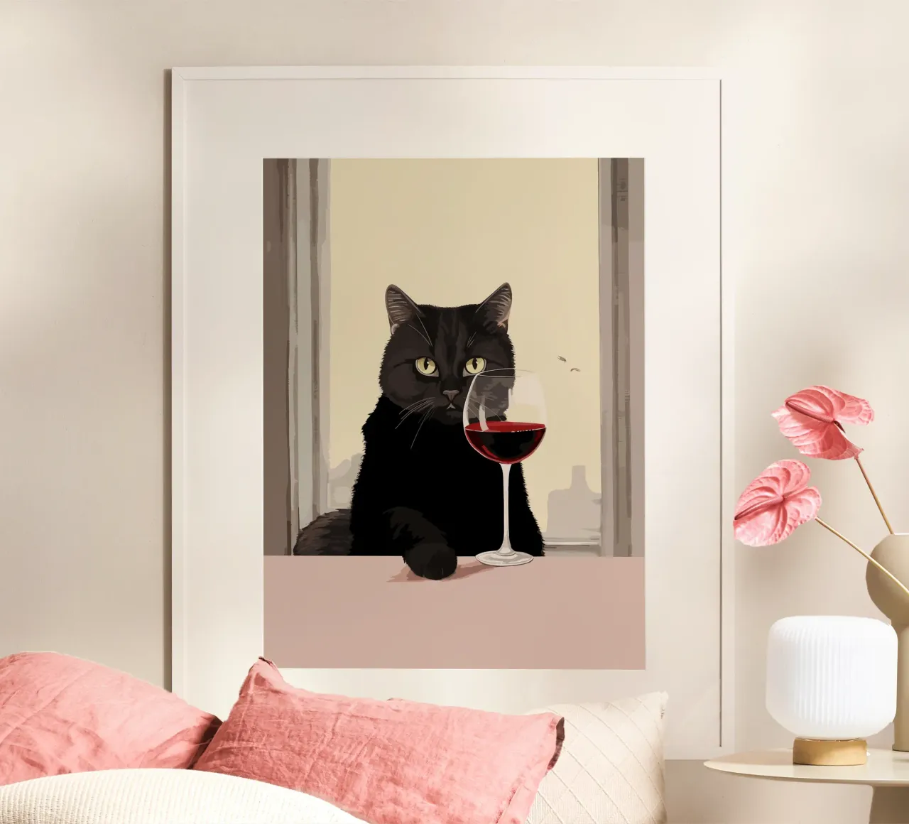 Gatto nero con bicchiere di vino illustrazione poster con telaio in legno da Peaches Art Prints