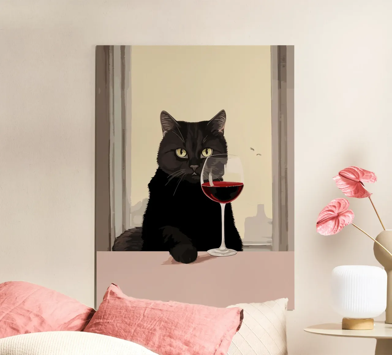 Gatto nero con bicchiere di vino illustrazione poster con telaio in legno da Peaches Art Prints