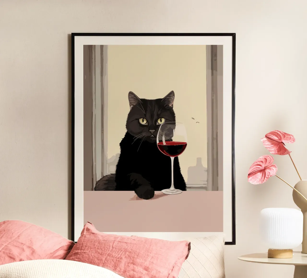 Gatto nero con bicchiere di vino illustrazione poster con telaio in legno da Peaches Art Prints