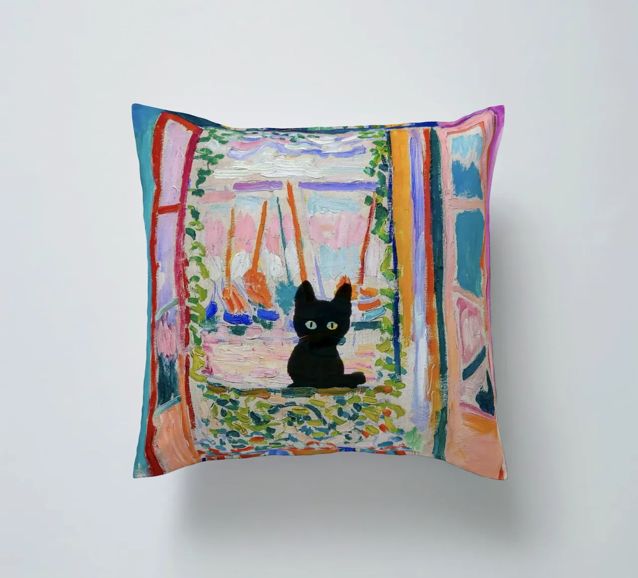 Matisse Open Window with a Black Cat Art Print decorative cushion by Peaches Art Prints