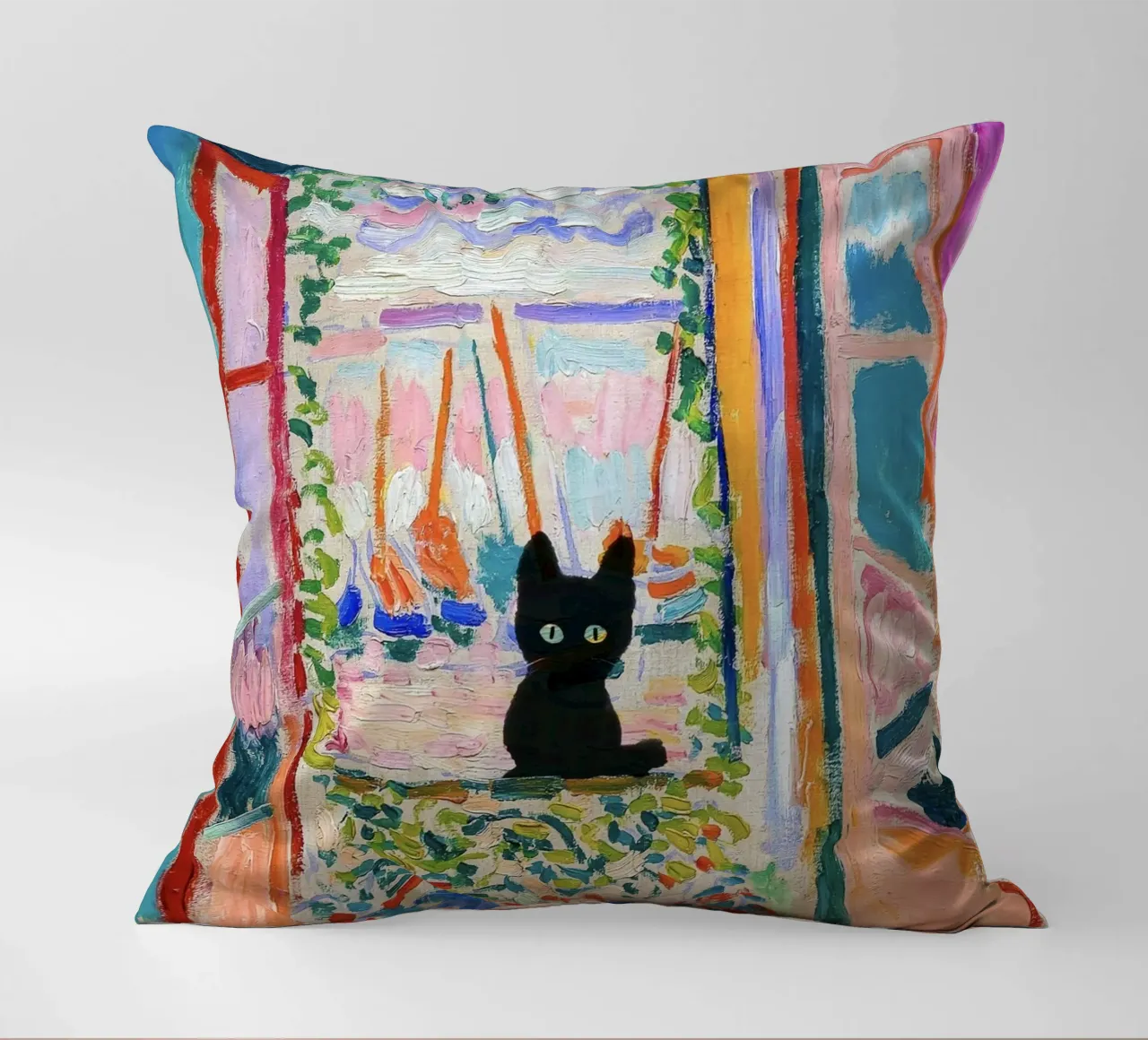 Matisse Open Window with a Black Cat Art Print decorative cushion by Peaches Art Prints