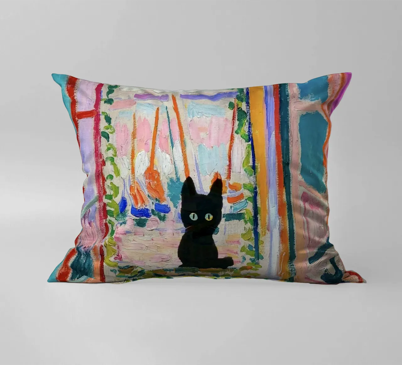 Matisse Open Window with a Black Cat Art Print decorative cushion by Peaches Art Prints