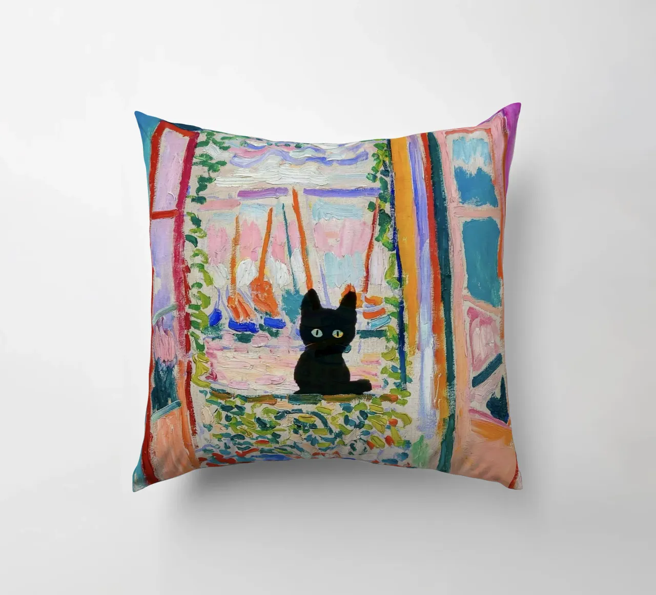 Matisse Open Window with a Black Cat Art Print decorative cushion by Peaches Art Prints