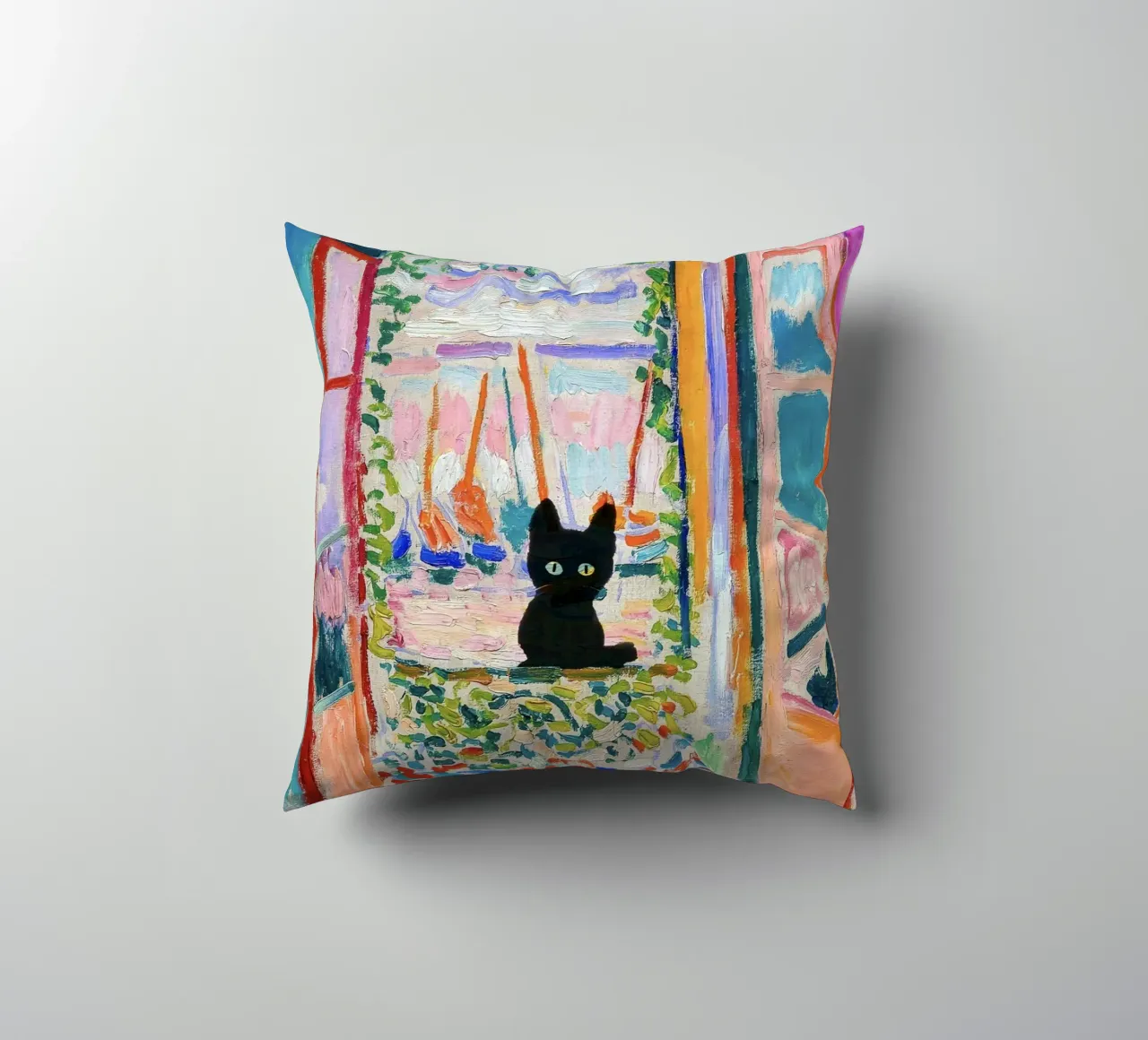 Matisse Open Window with a Black Cat Art Print decorative cushion by Peaches Art Prints
