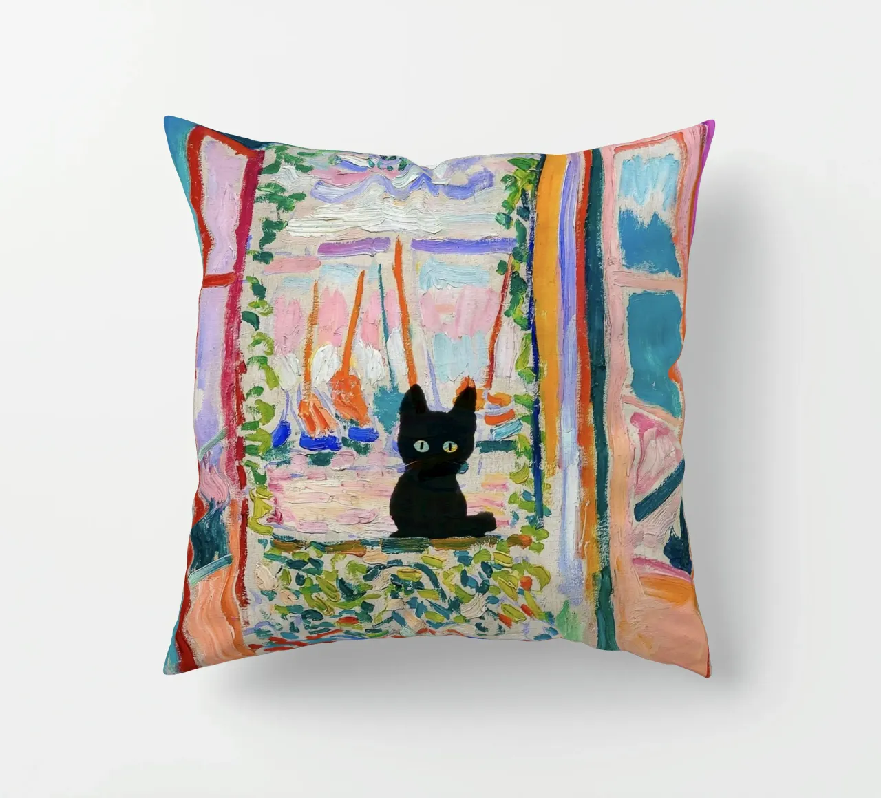 Matisse Open Window with a Black Cat Art Print decorative cushion by Peaches Art Prints