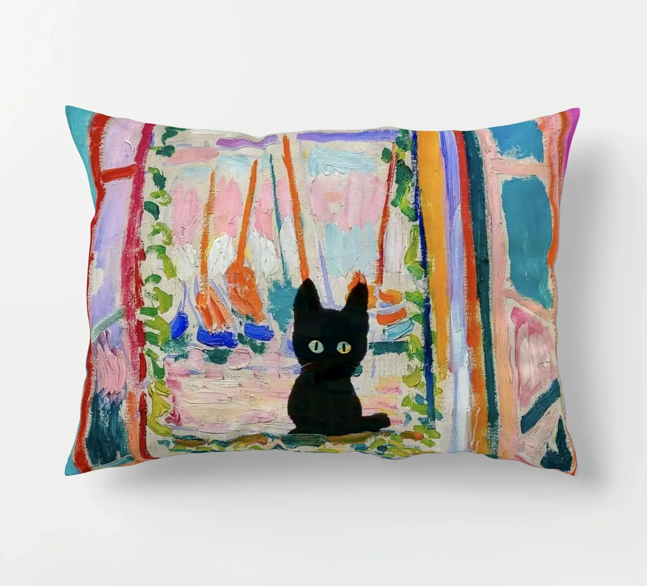 Matisse Open Window with a Black Cat Art Print decorative cushion by Peaches Art Prints
