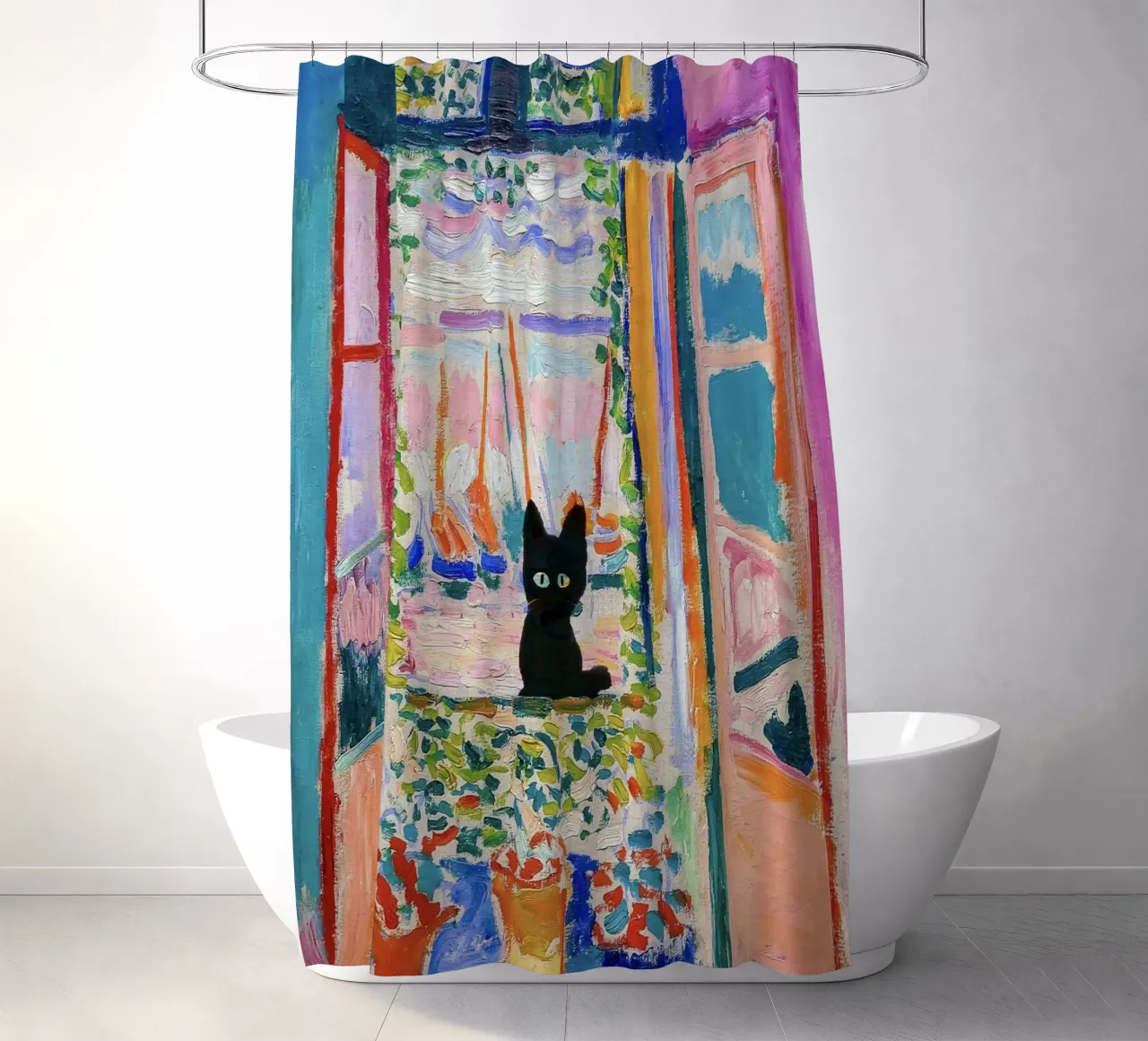 Matisse Open Window with a Black Cat Art Print shower curtain by Peaches Art Prints