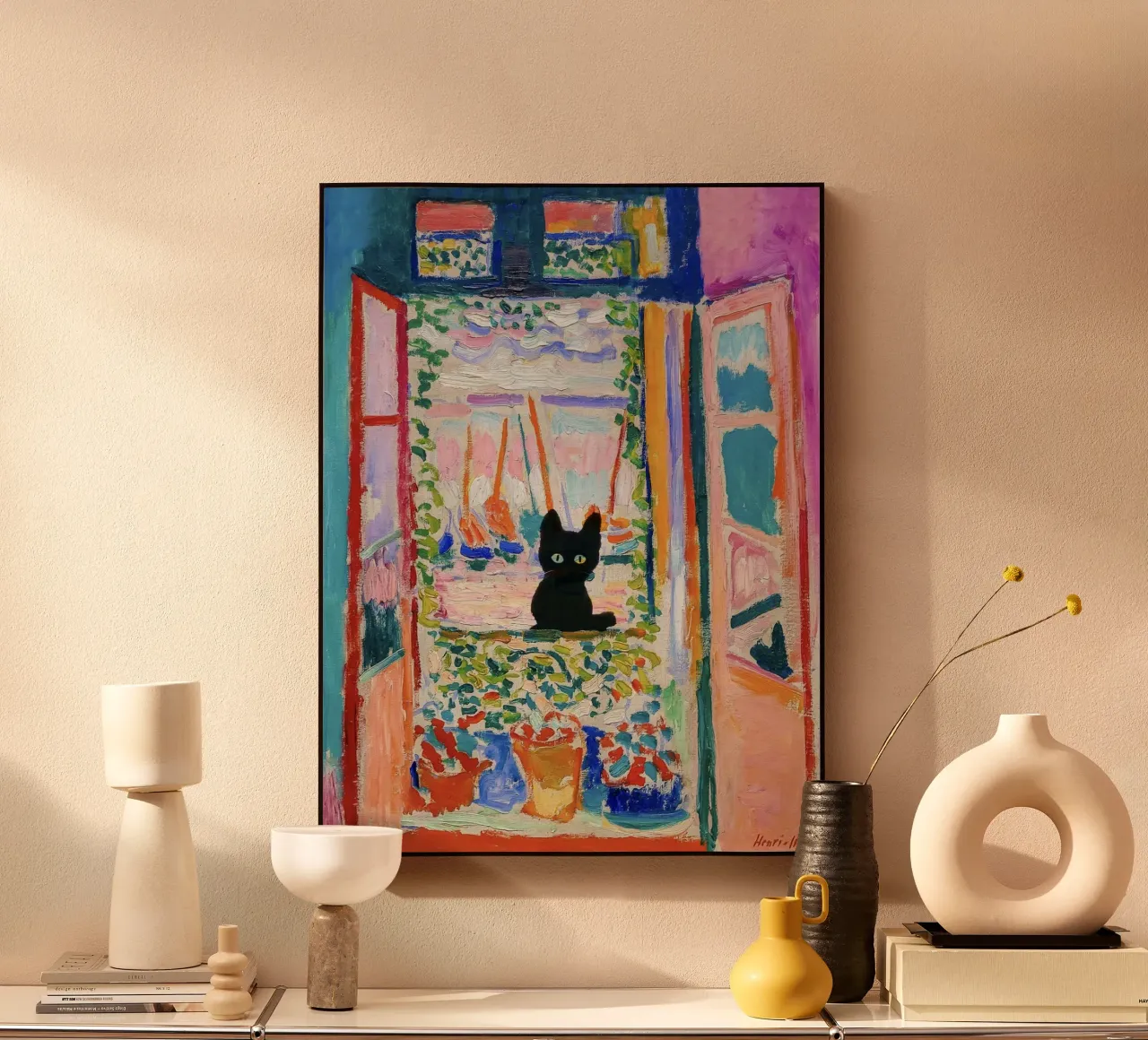 Matisse Open Window with a Black Cat Art Print acrylic glass by Peaches Art Prints