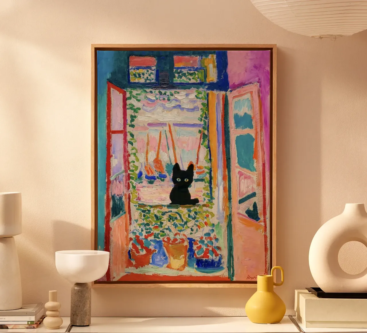 Matisse Open Window with a Black Cat Art Print canvas by Peaches Art Prints