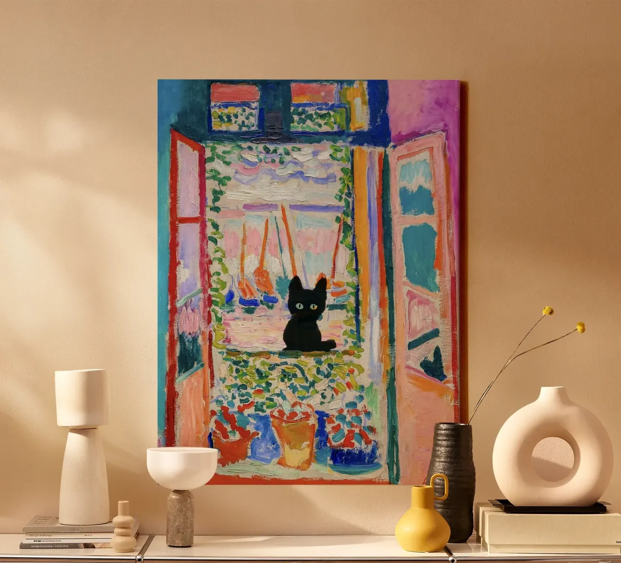 Matisse Open Window with a Black Cat Art Print canvas by Peaches Art Prints
