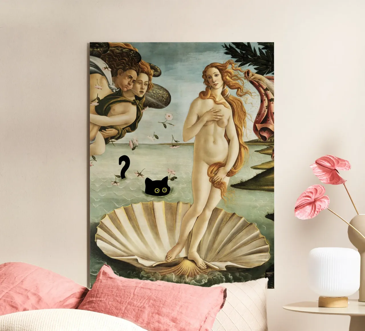 Botticelli La nascita di Venere con gatto nero alluminio dibond da Peaches Art Prints