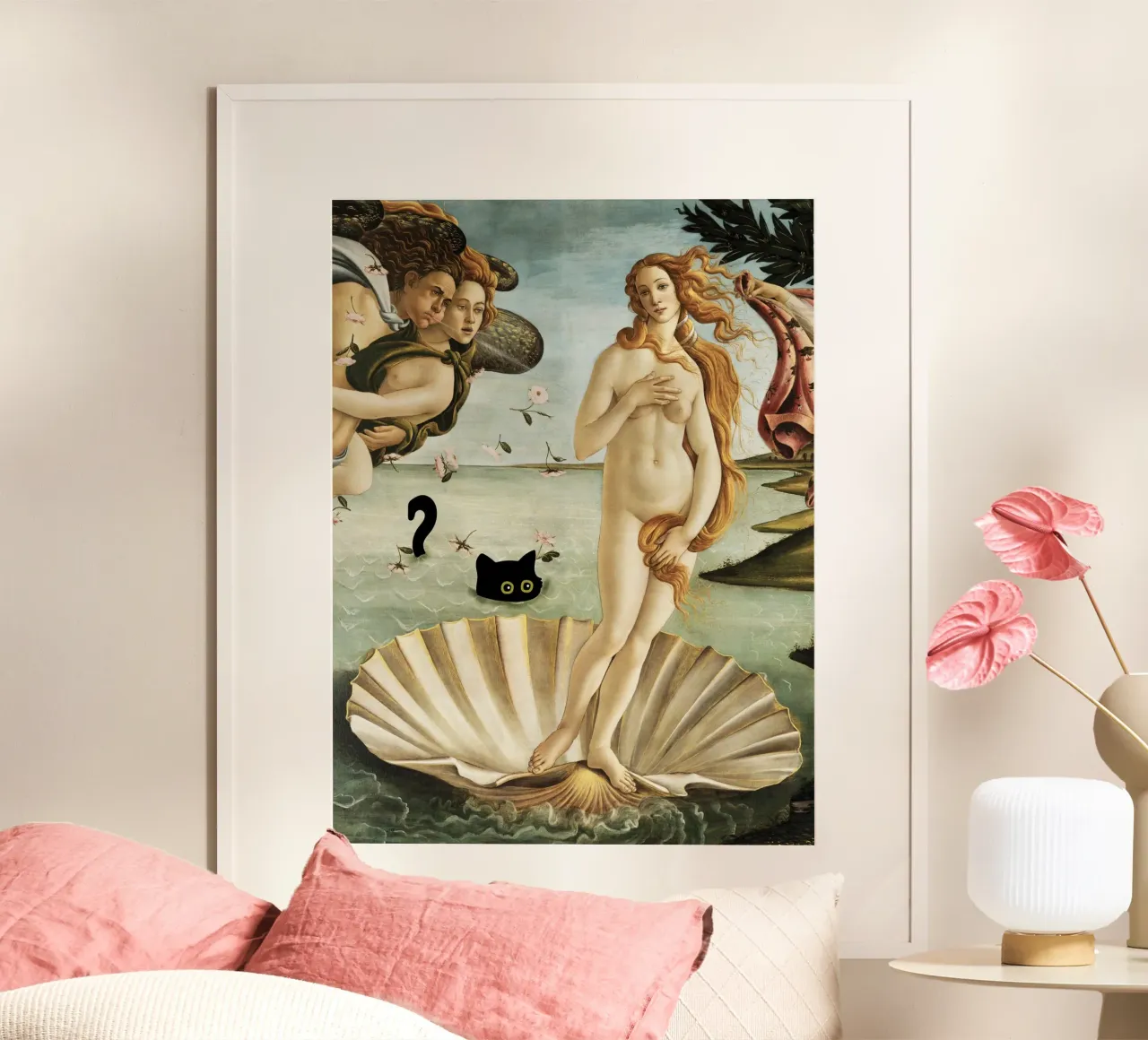 Botticelli La nascita di Venere con gatto nero poster con telaio in legno da Peaches Art Prints