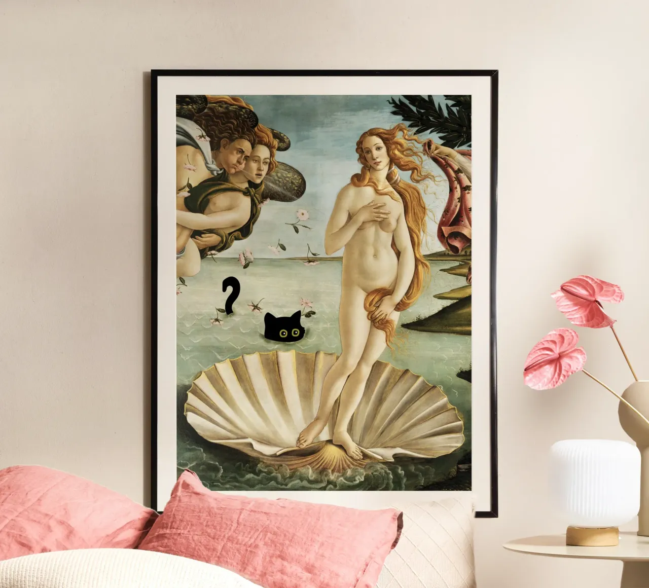 Botticelli La nascita di Venere con gatto nero poster con telaio in legno da Peaches Art Prints