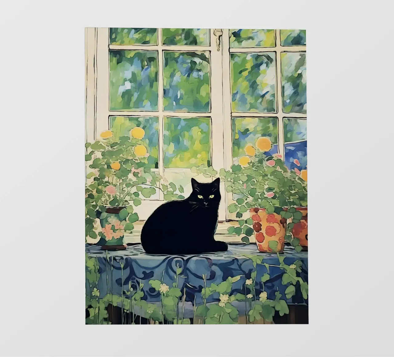 black cat sitting in the garden with oranges pvc cover by Peaches Art Prints