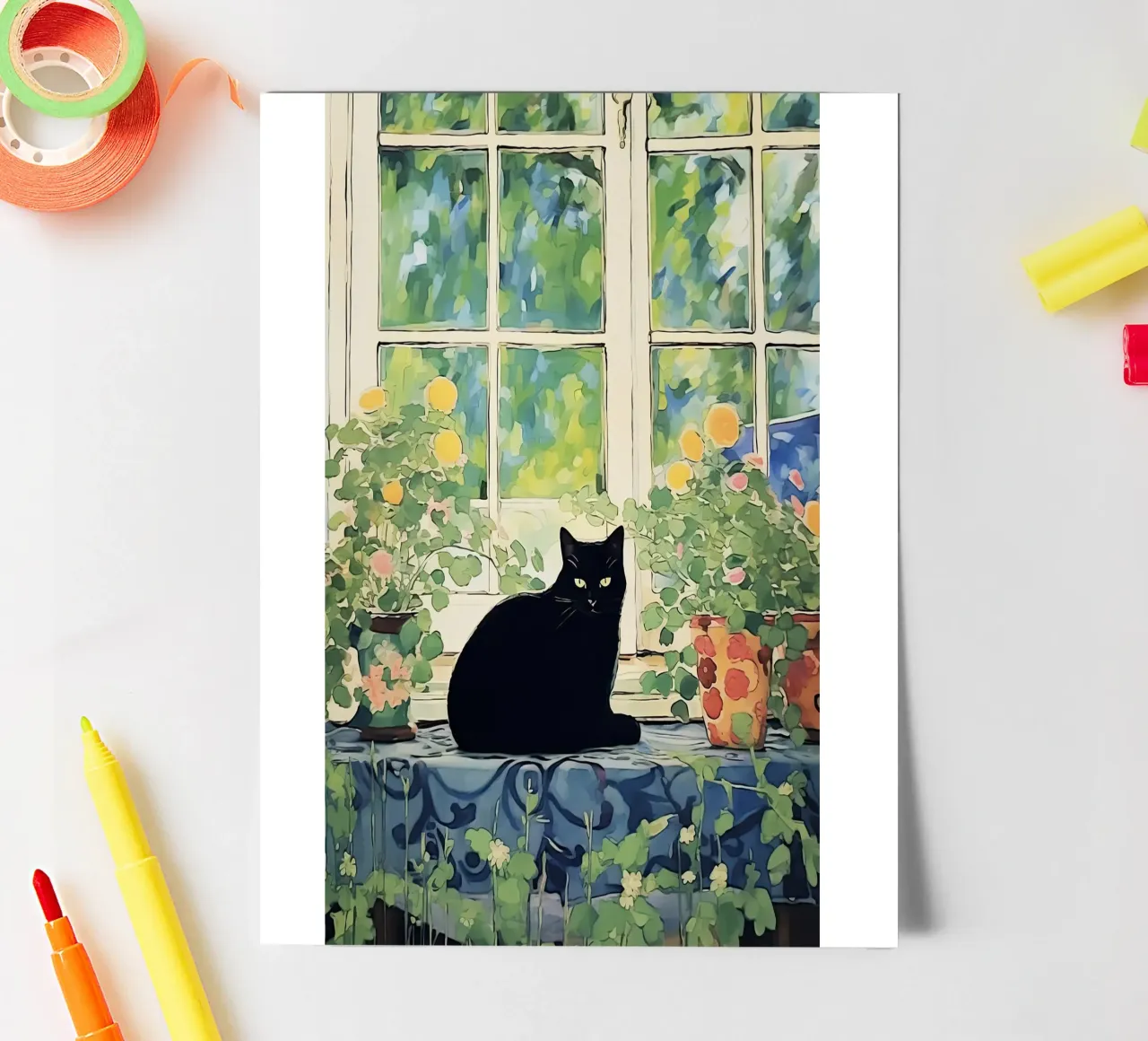 black cat sitting in the garden with oranges sticker sheet by Peaches Art Prints