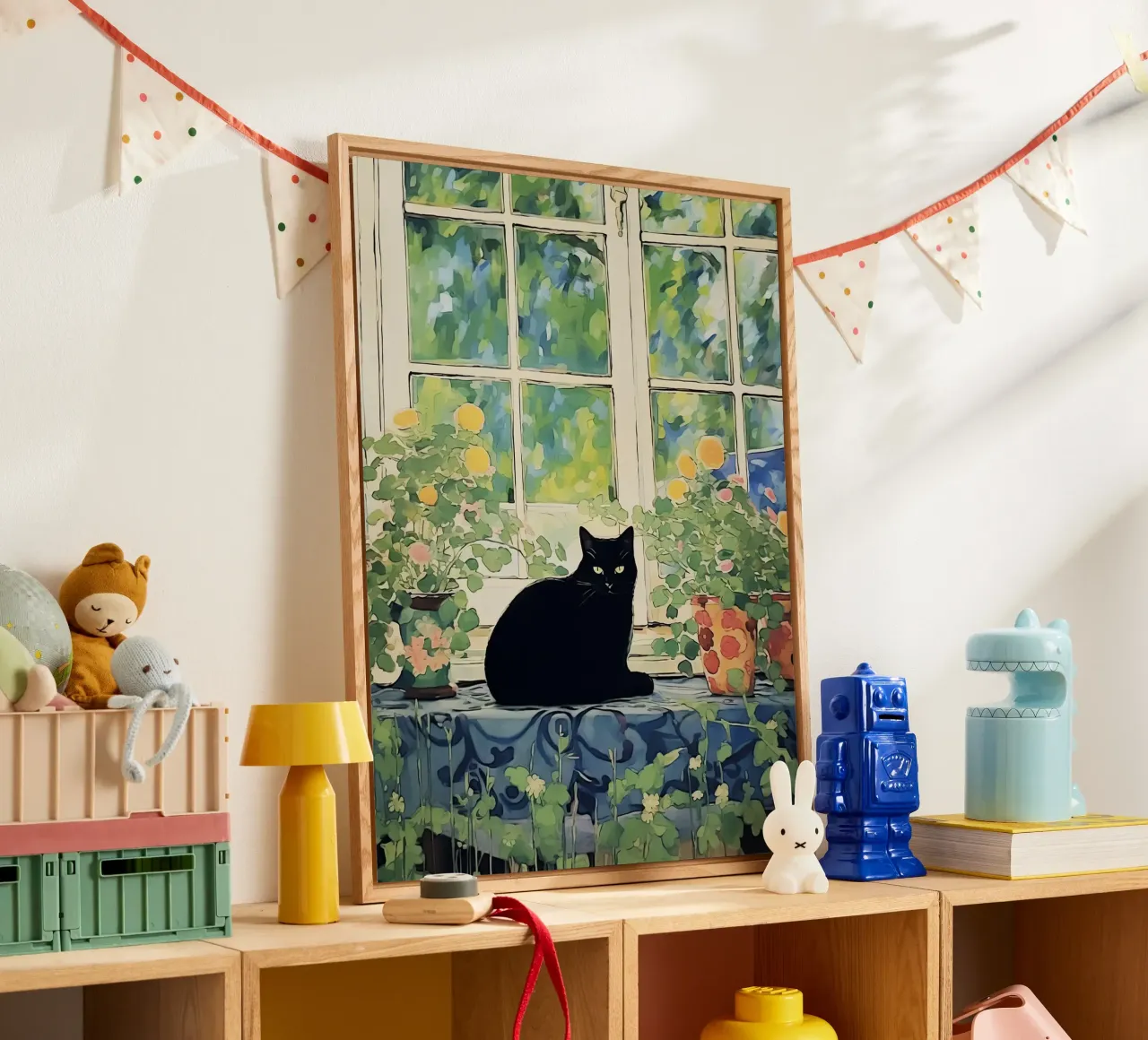 black cat sitting in the garden with oranges acrylic glass by Peaches Art Prints