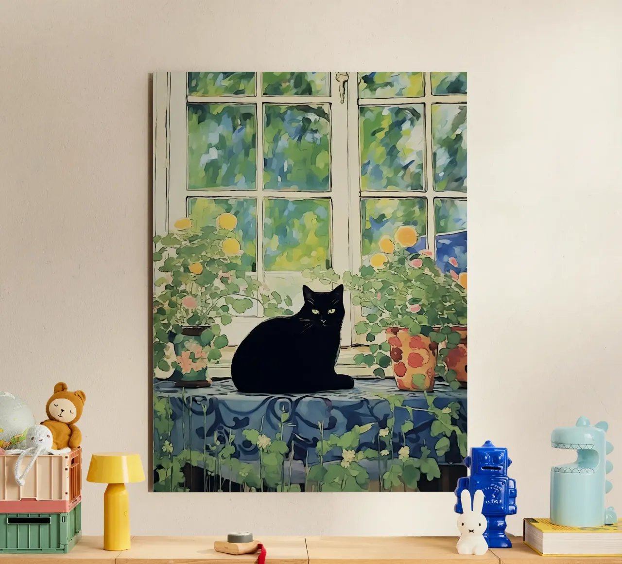 black cat sitting in the garden with oranges forex plate by Peaches Art Prints