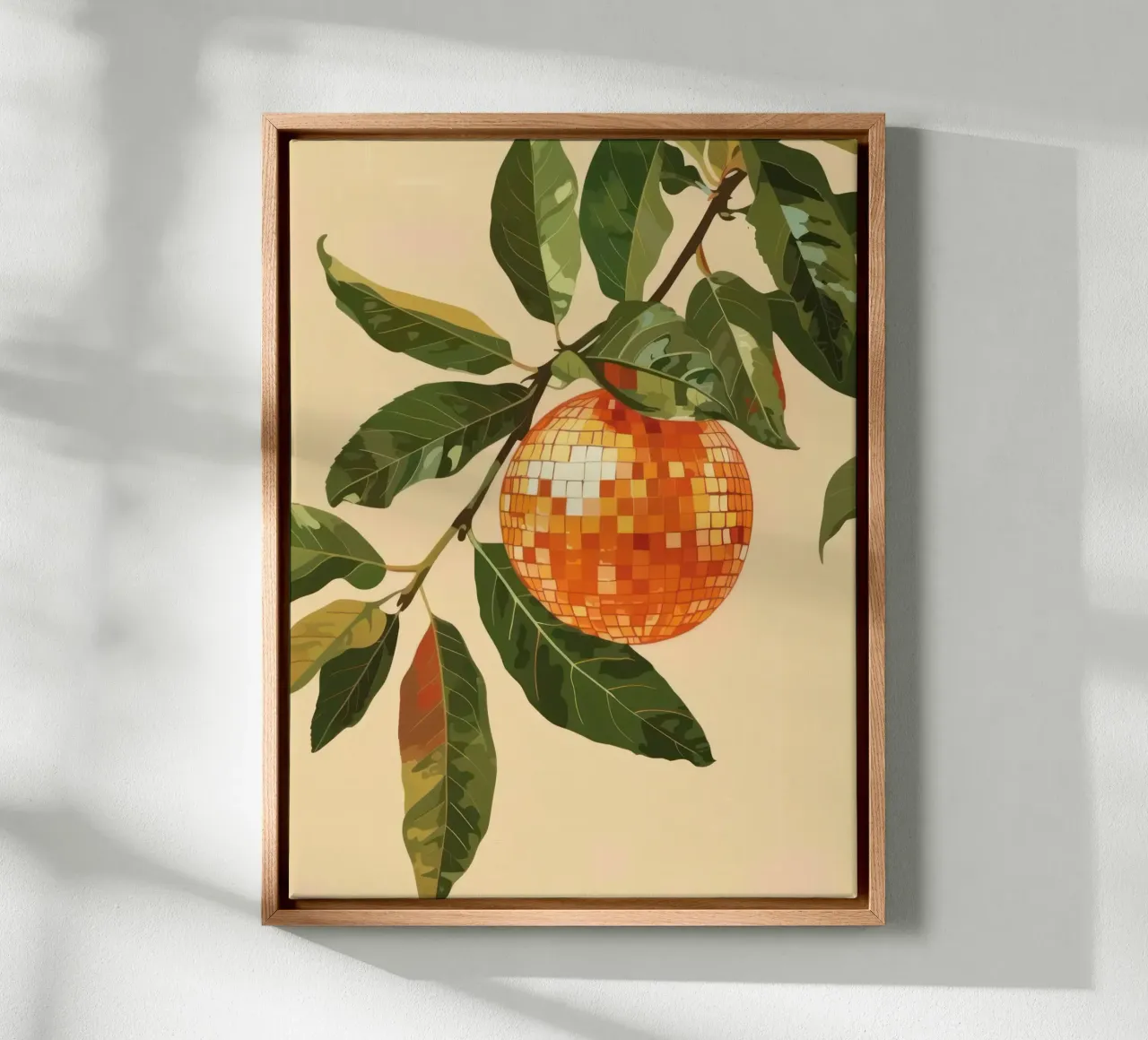 Oranje Disco Bal Boom - Groene Bladeren canvas met Baklijst van Peaches Art Prints
