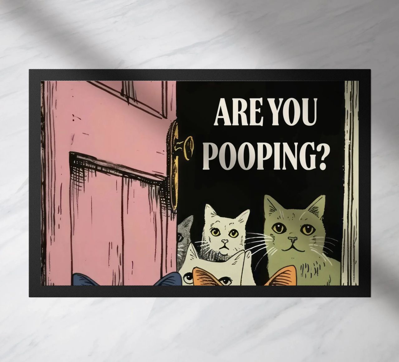 are you pooping? cats bathroom art quirky funny doormat by Peaches Art Prints