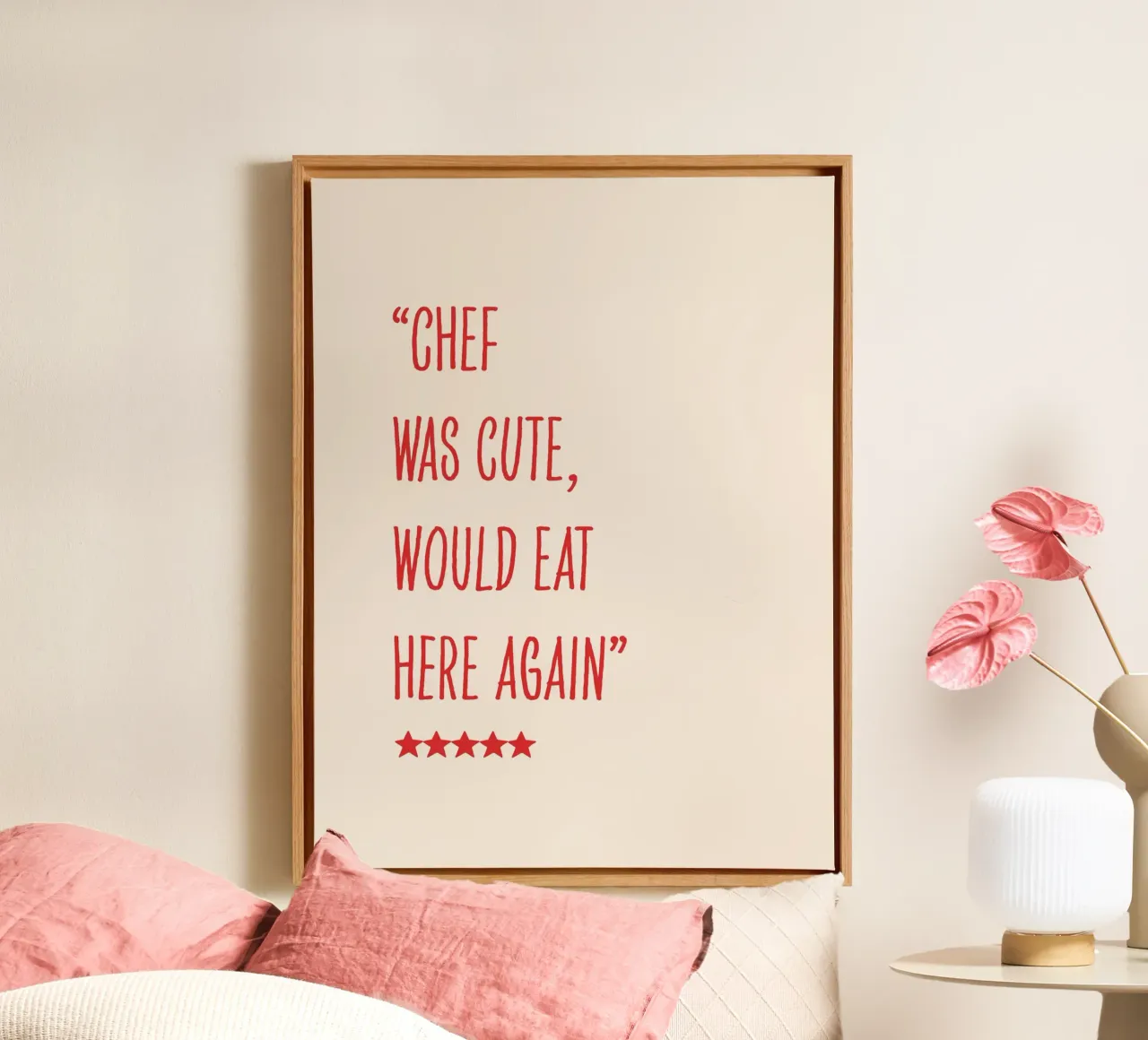 chef was cute, review quote, typography canvas with Floater frame by Peaches Art Prints