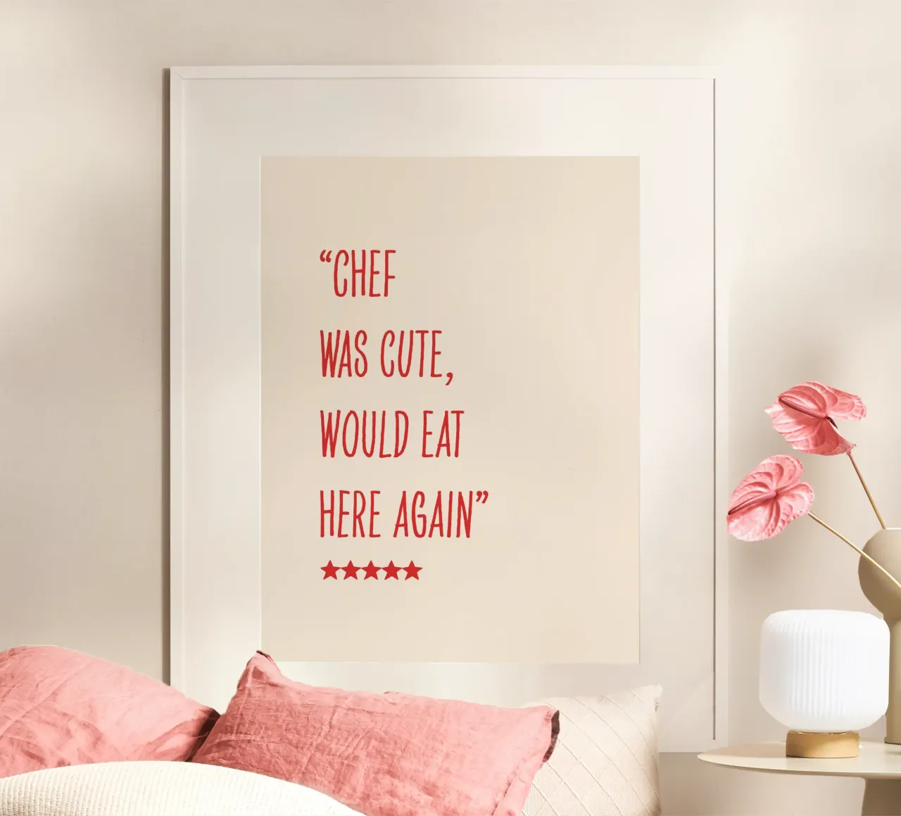 chef was cute, review quote, typography poster avec cadre en aluminium de Peaches Art Prints