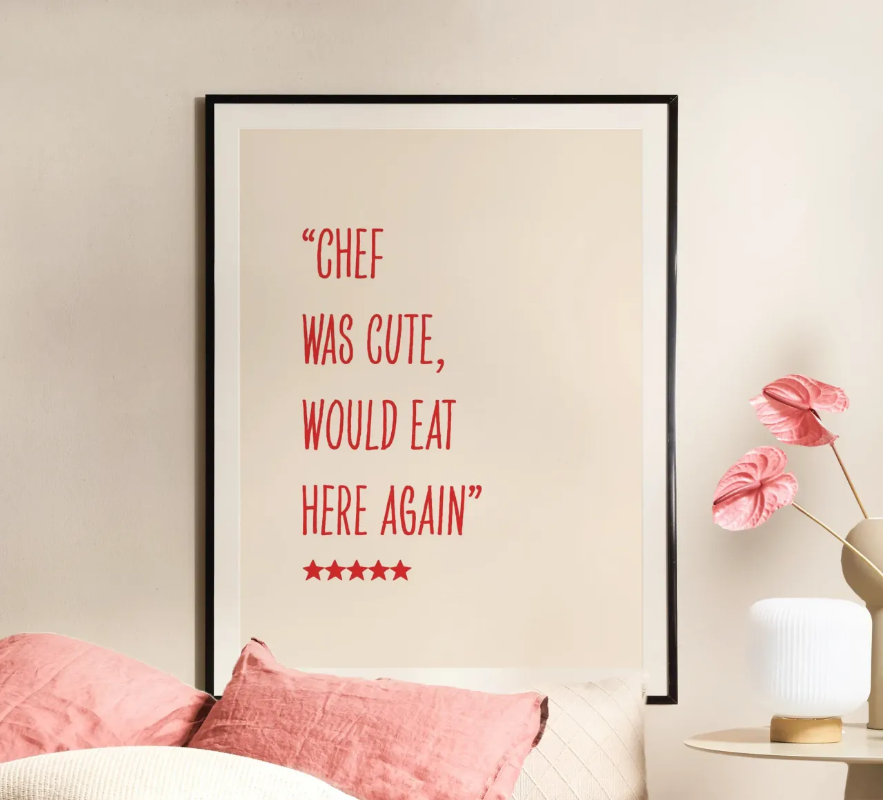 chef was cute, review quote, typography poster avec cadre en aluminium de Peaches Art Prints