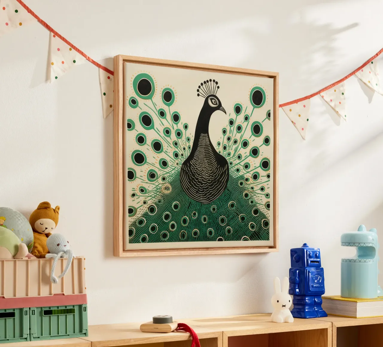 Pavone verde Pavone 1 tela con Cornice a cassetta da Minimal Animal Art