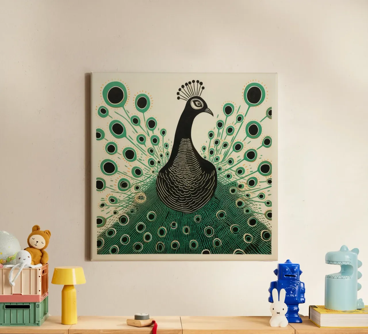 Pavone verde Pavone 1 tela con Cornice a cassetta da Minimal Animal Art