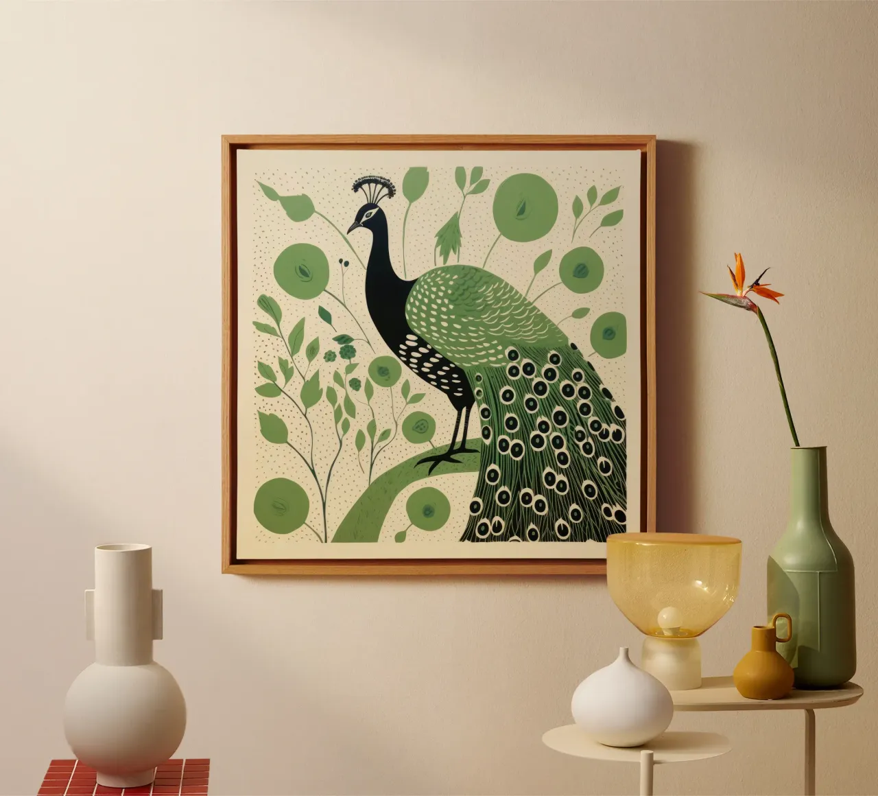 Pavone verde Pavone 4 tela con Cornice a cassetta da Minimal Animal Art