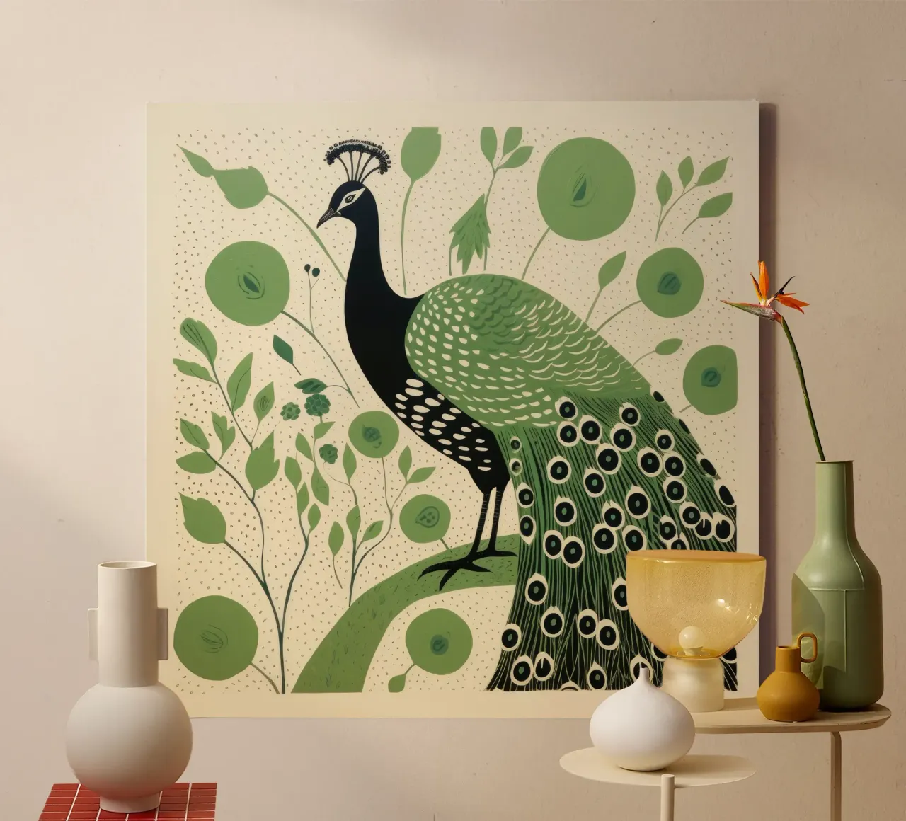 Pavone verde Pavone 4 tela con Cornice a cassetta da Minimal Animal Art