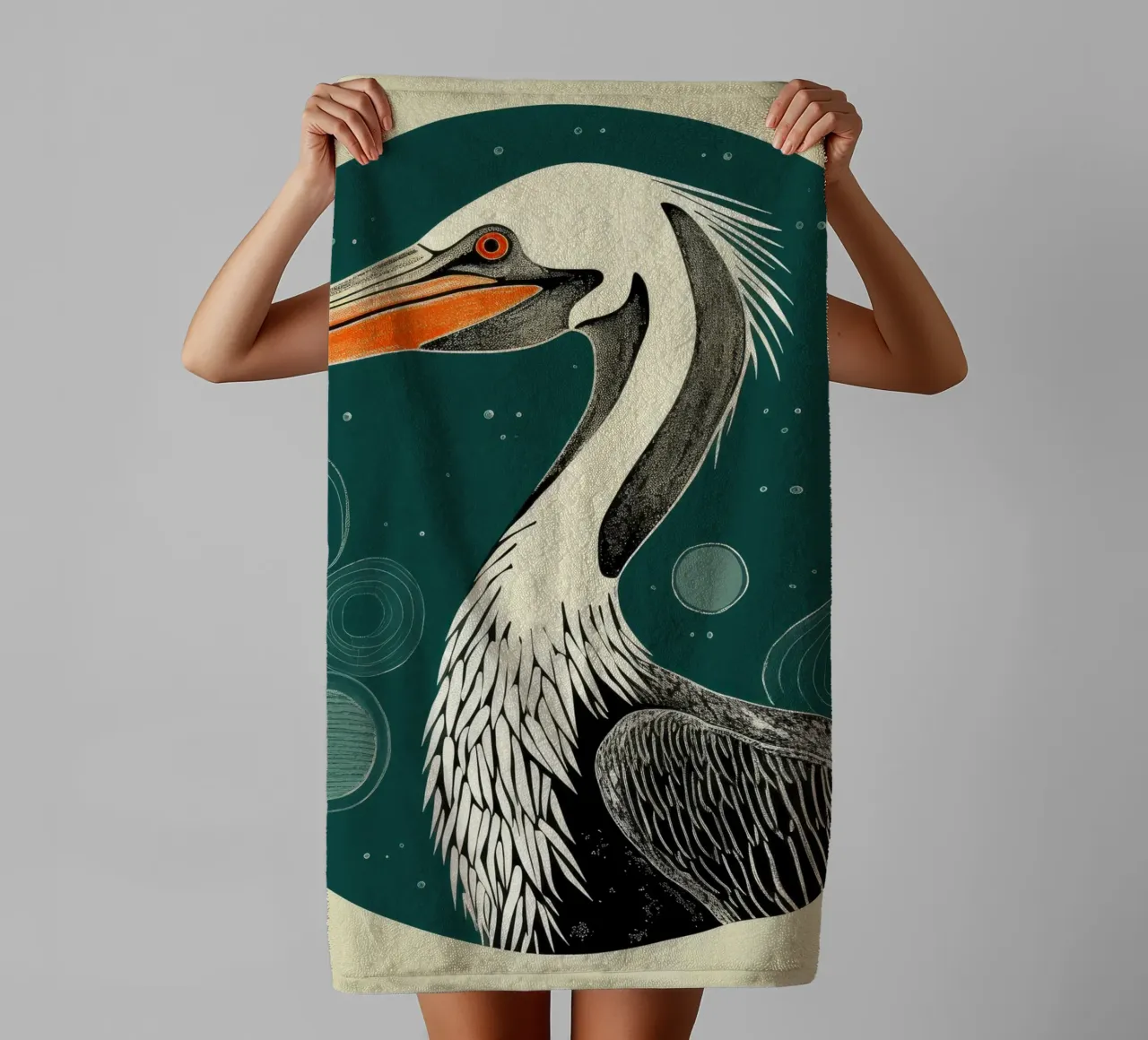 Green Pelican 1 towel by Minimal Animal Art
