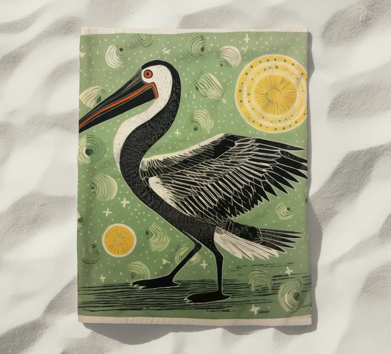 Pellicano verde 2 telo mare da Minimal Animal Art