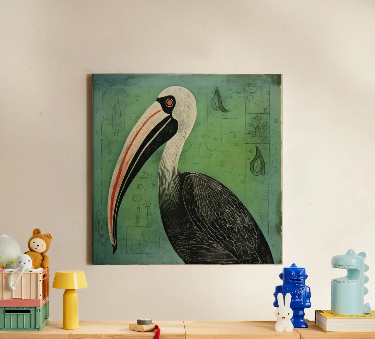 Grüner Pelikan 4 Leinwand von Minimal Animal Art