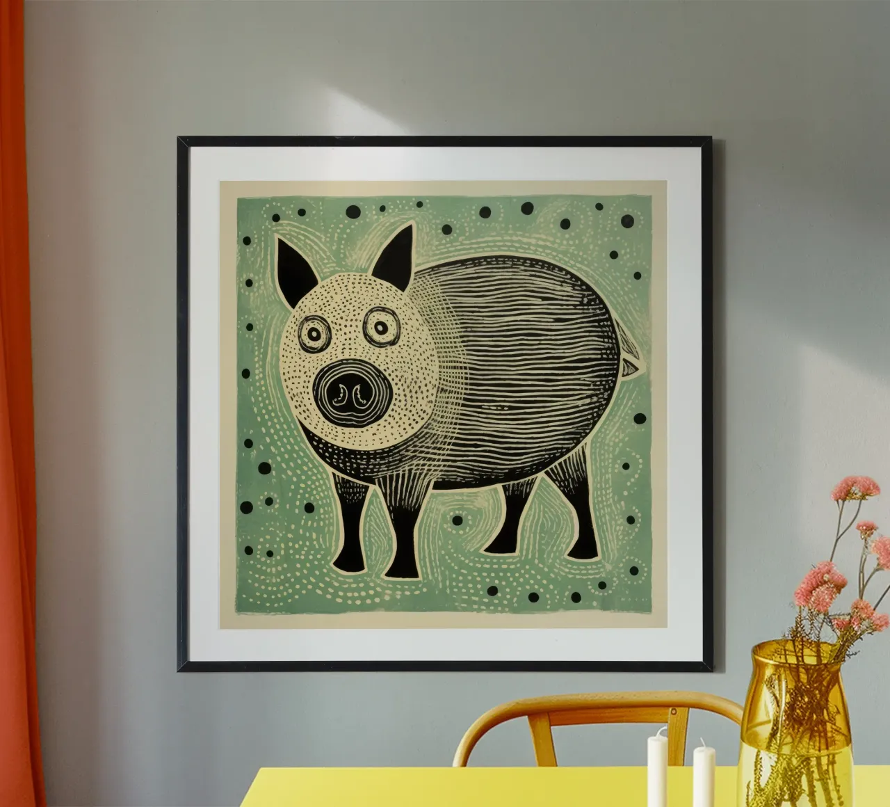 Maiale verde 1 poster con telaio in plastica da Minimal Animal Art