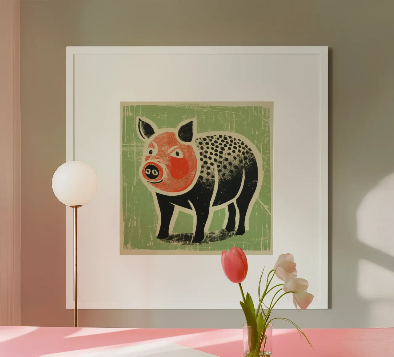 Maiale verde 3 poster con telaio in legno da Minimal Animal Art
