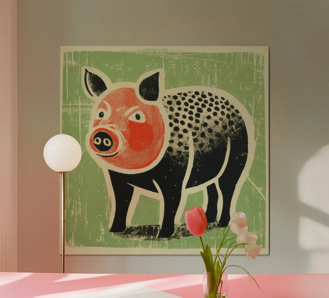 Maiale verde 3 poster con telaio in legno da Minimal Animal Art