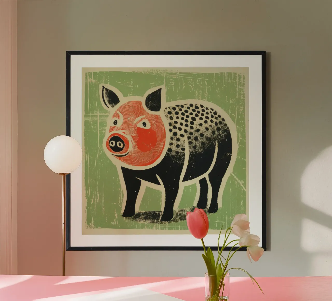 Maiale verde 3 poster con telaio in legno da Minimal Animal Art
