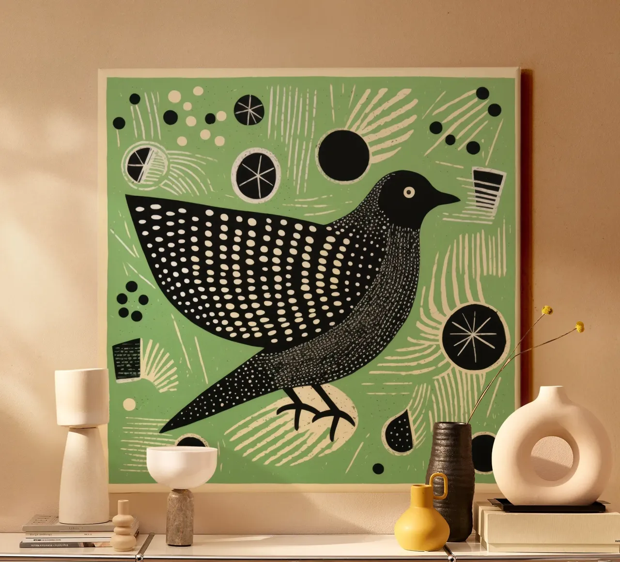 Groene Duif 1 canvas met Baklijst van Minimal Animal Art