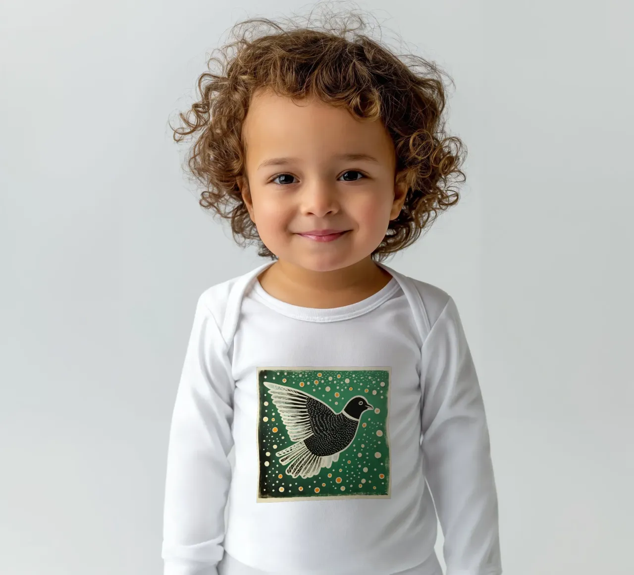 Green Pigeon 3 long-sleeve baby romper by Minimal Animal Art