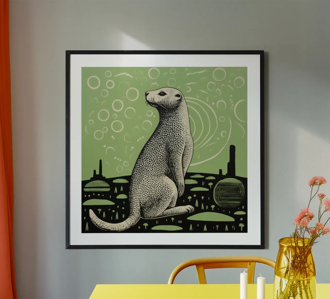 Cane della prateria verde 1 poster con telaio in legno da Minimal Animal Art