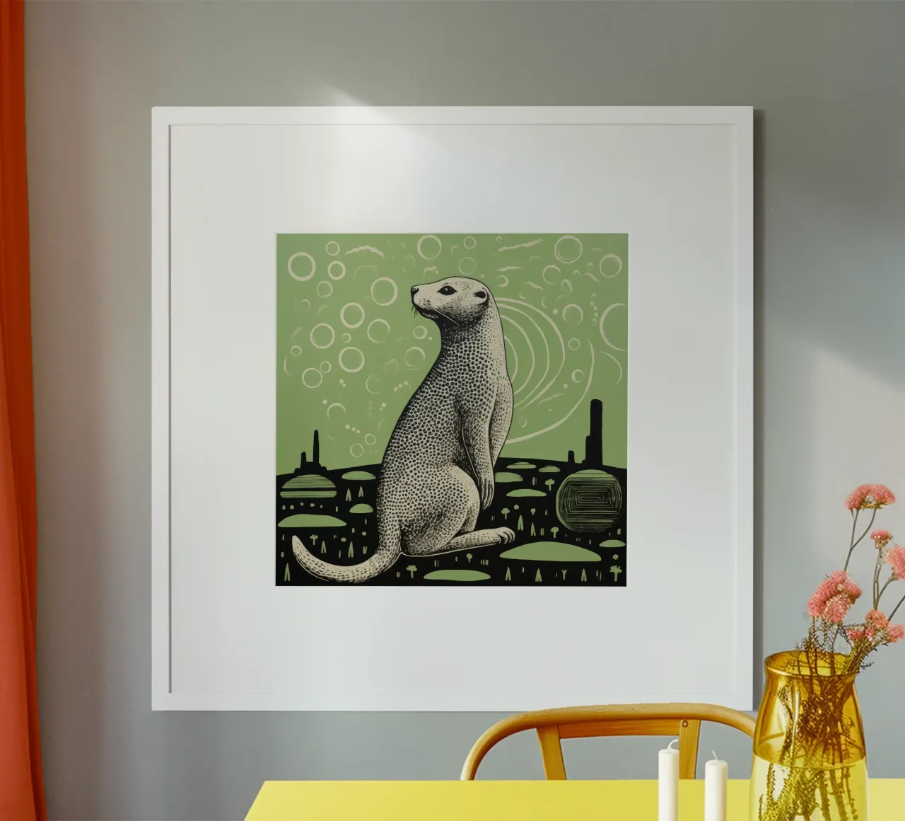 Cane della prateria verde 1 poster con telaio in legno da Minimal Animal Art