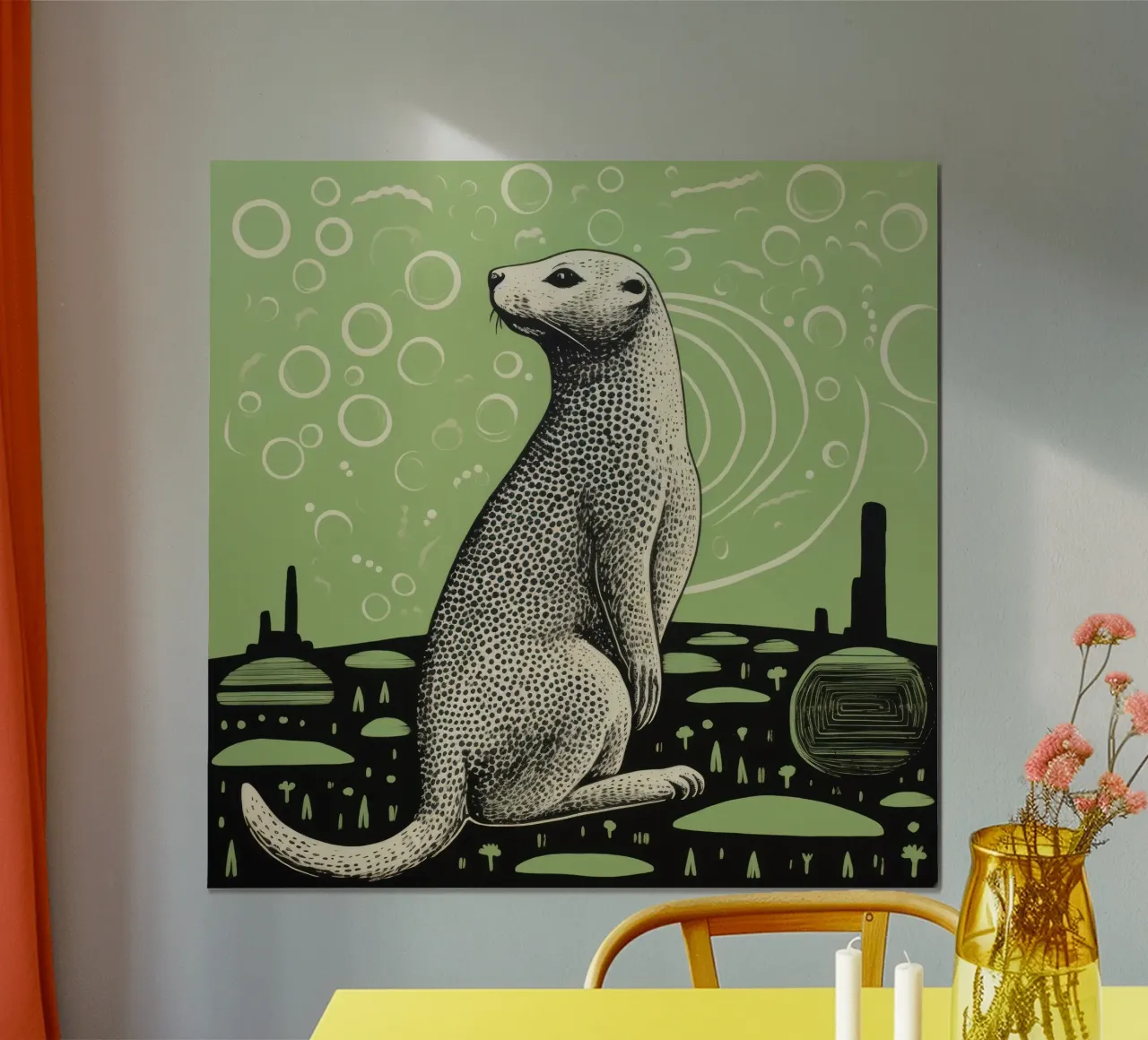 Cane della prateria verde 1 poster con telaio in legno da Minimal Animal Art