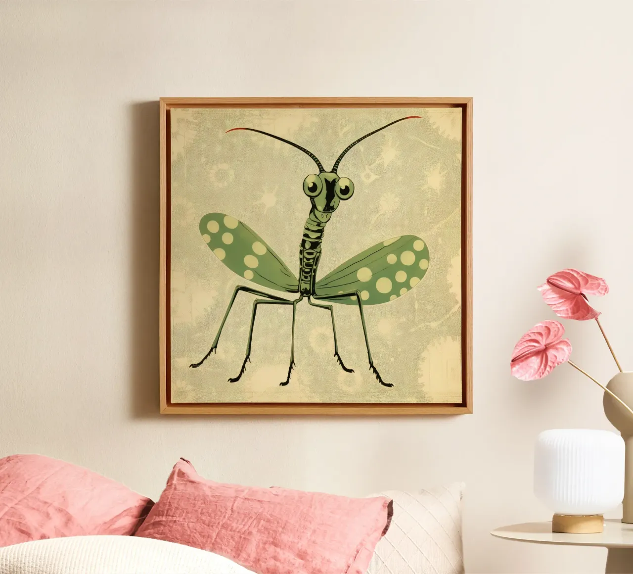 Groene bidsprinkhaan 2 canvas met Baklijst van Minimal Animal Art