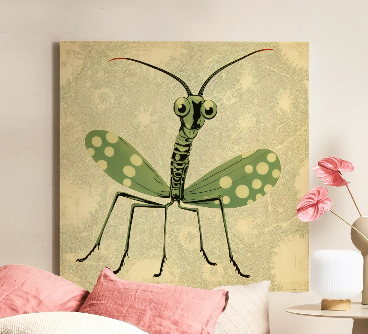 Groene bidsprinkhaan 2 canvas met Baklijst van Minimal Animal Art