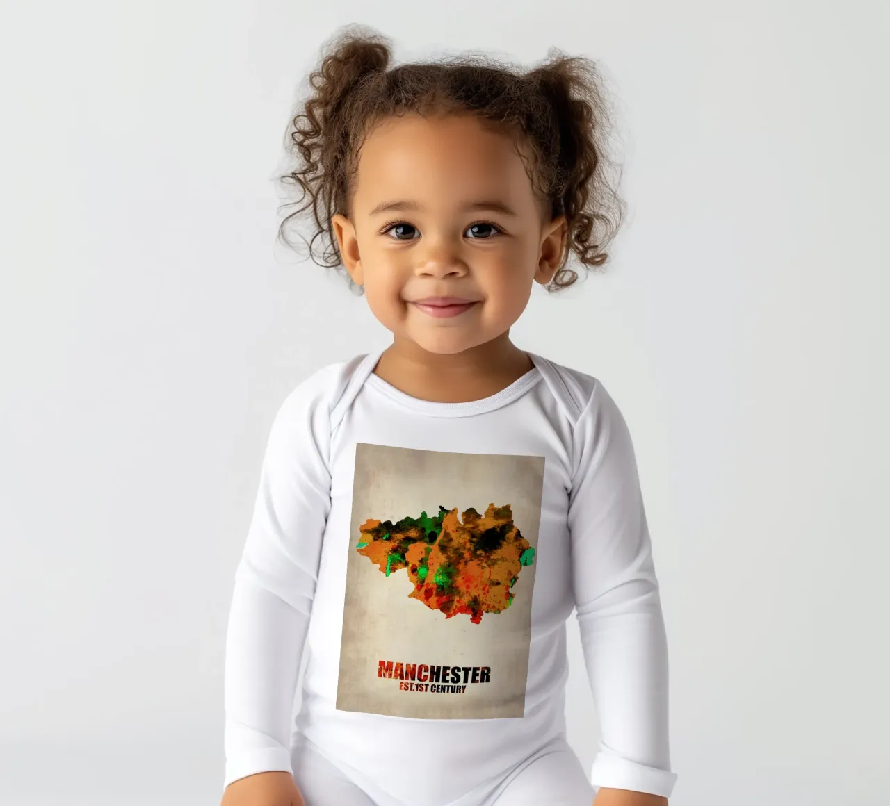 Manchester Watercolor Map long-sleeve baby romper by Naxart